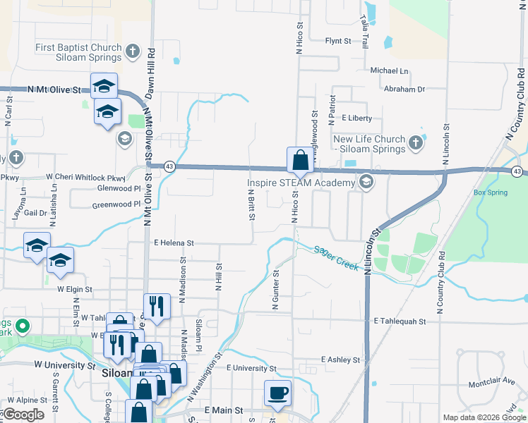 map of restaurants, bars, coffee shops, grocery stores, and more near 1109 North Britt Street in Siloam Springs