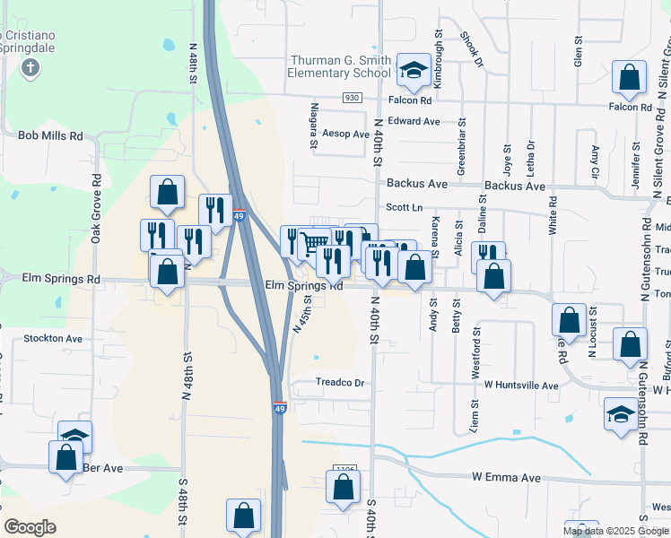 map of restaurants, bars, coffee shops, grocery stores, and more near 4172 Elm Springs Road in Springdale