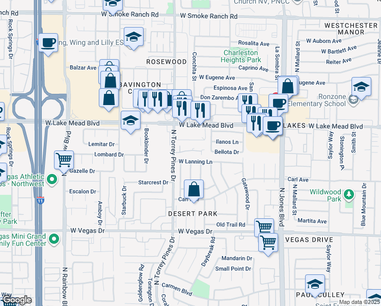 map of restaurants, bars, coffee shops, grocery stores, and more near 1900 North Torrey Pines Drive in Las Vegas