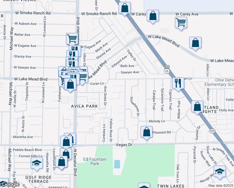 map of restaurants, bars, coffee shops, grocery stores, and more near 4317 Rosebank Circle in Las Vegas