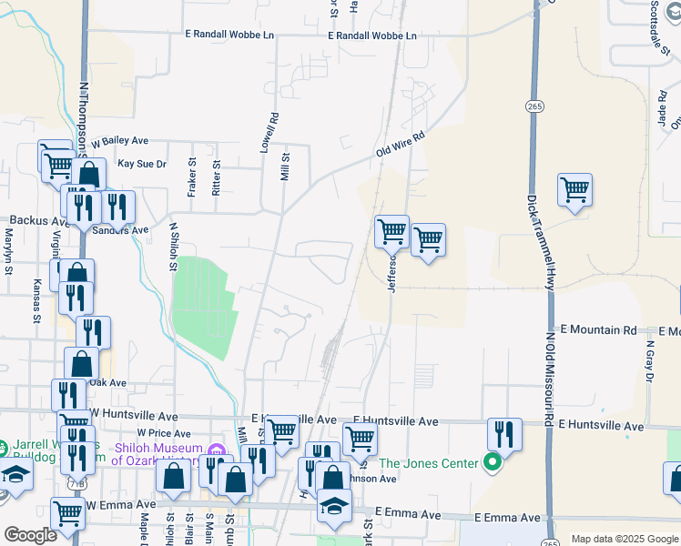 map of restaurants, bars, coffee shops, grocery stores, and more near 819 Mill Street in Springdale