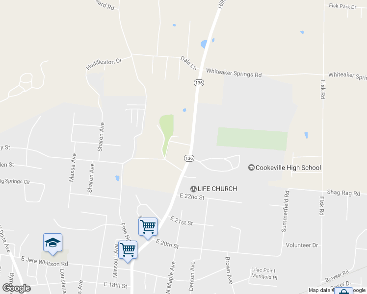 map of restaurants, bars, coffee shops, grocery stores, and more near 395 Mary Dodson Lane in Cookeville