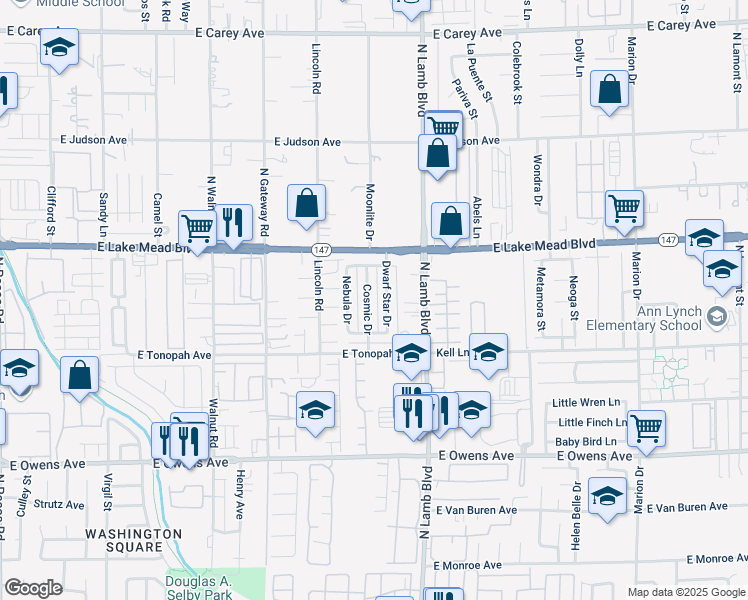 map of restaurants, bars, coffee shops, grocery stores, and more near 1914 Cosmic Drive in Las Vegas
