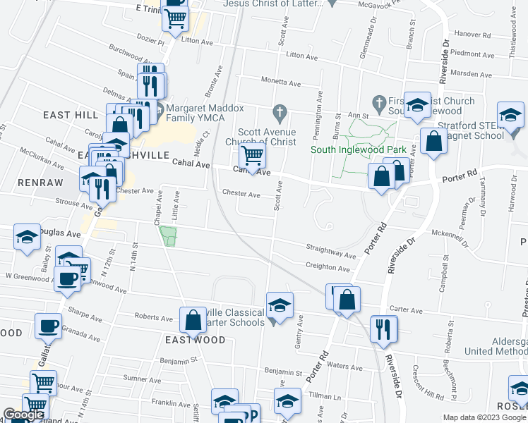 map of restaurants, bars, coffee shops, grocery stores, and more near 1914 Scott Avenue in Nashville
