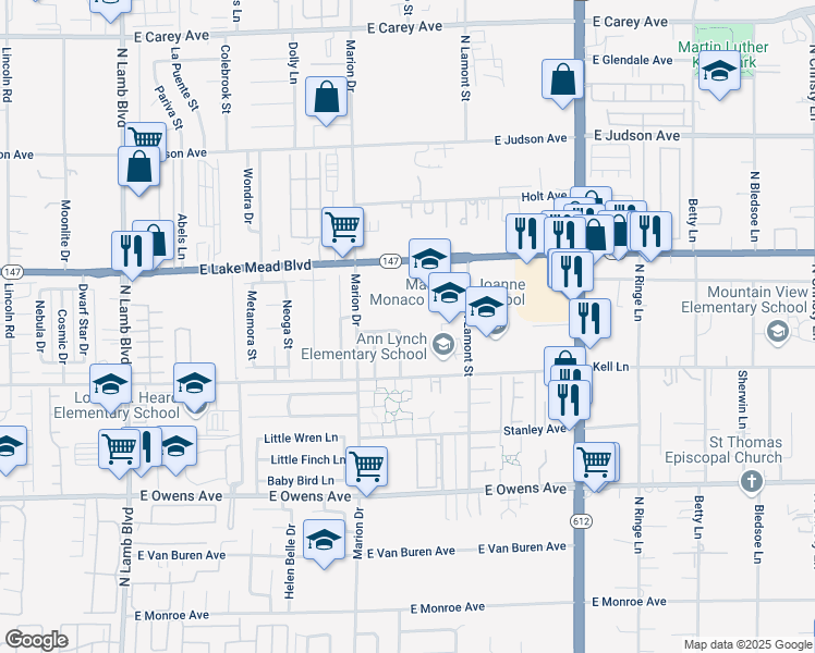 map of restaurants, bars, coffee shops, grocery stores, and more near 1896 Fulstone Way in Las Vegas