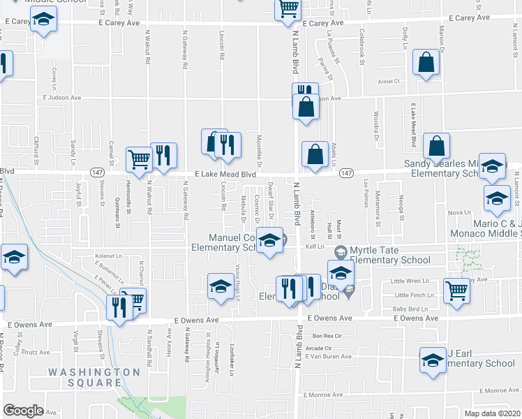 map of restaurants, bars, coffee shops, grocery stores, and more near 1884 Nebula Drive in Las Vegas