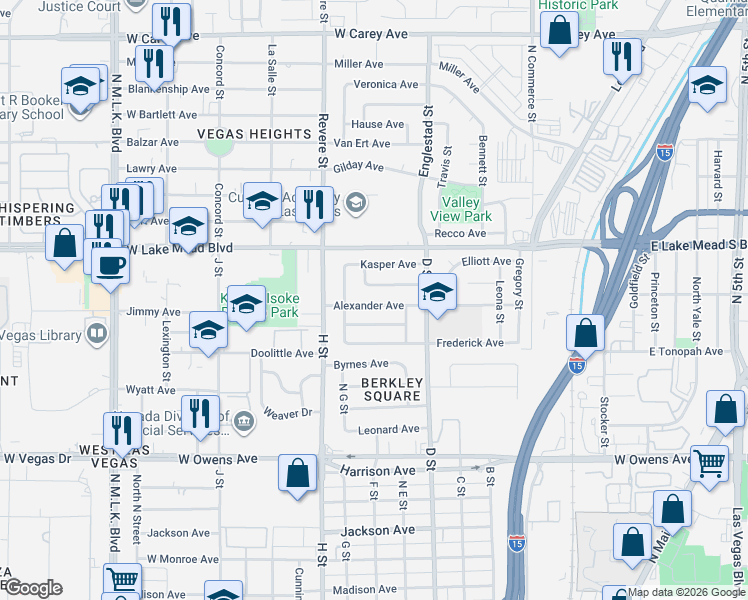 map of restaurants, bars, coffee shops, grocery stores, and more near 509 Alexander Avenue in Las Vegas