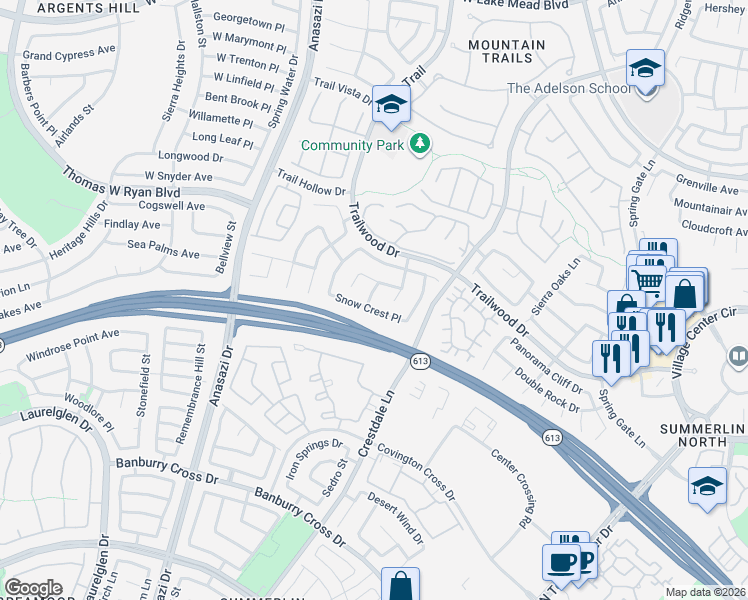 map of restaurants, bars, coffee shops, grocery stores, and more near 10016 Snow Crest Place in Las Vegas