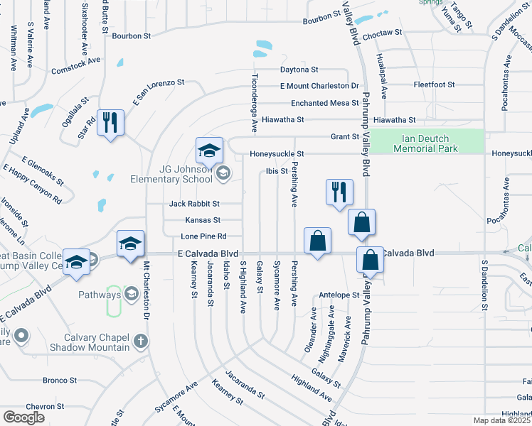 map of restaurants, bars, coffee shops, grocery stores, and more near 1771 Galaxy Street in Pahrump