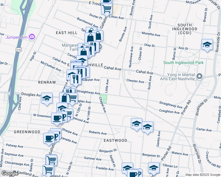 map of restaurants, bars, coffee shops, grocery stores, and more near 1511A Straightway Avenue in Nashville
