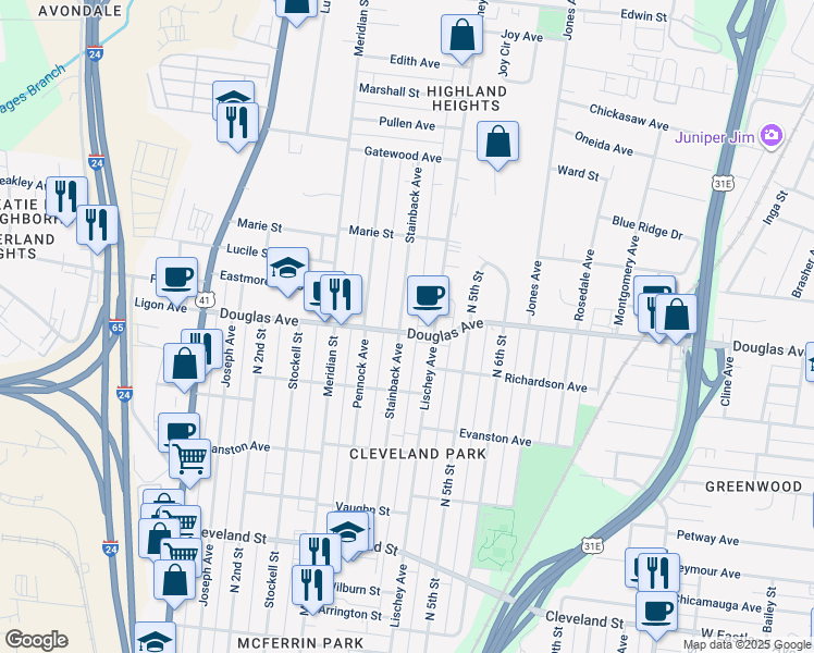 map of restaurants, bars, coffee shops, grocery stores, and more near 330 Douglas Avenue in Nashville