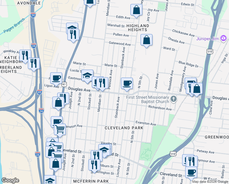 map of restaurants, bars, coffee shops, grocery stores, and more near 330 Douglas Avenue in Nashville