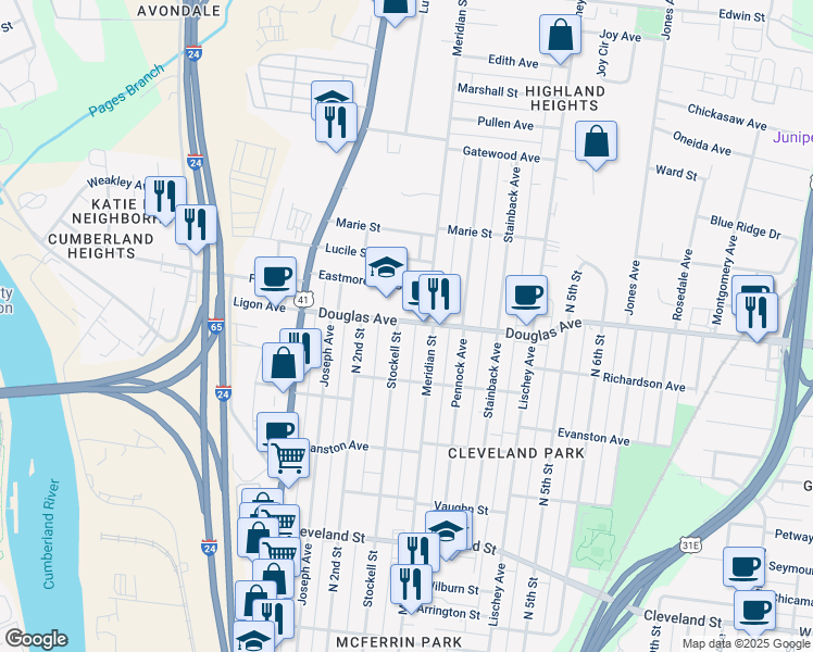 map of restaurants, bars, coffee shops, grocery stores, and more near 1218 Meridian Street in Nashville
