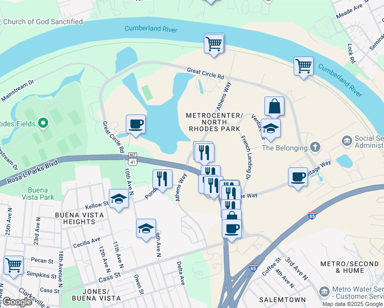 map of restaurants, bars, coffee shops, grocery stores, and more near Athens Way in Nashville
