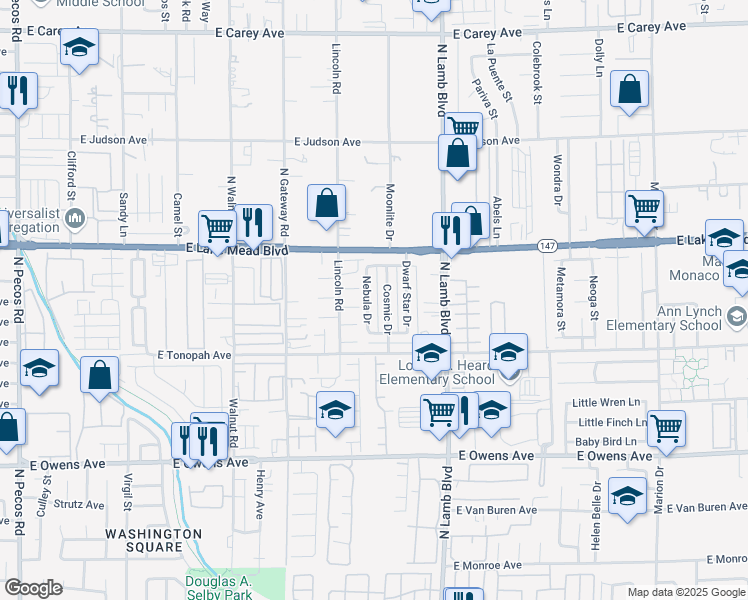 map of restaurants, bars, coffee shops, grocery stores, and more near 1912 Nebula Drive in Las Vegas
