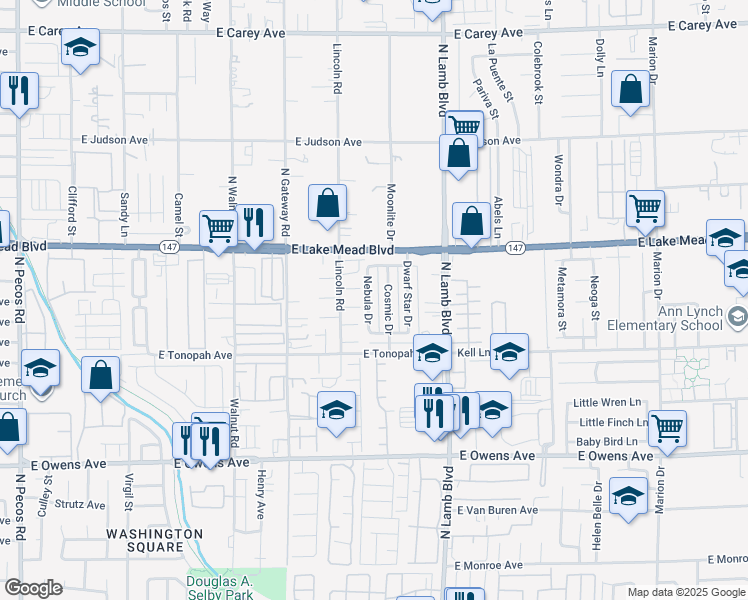 map of restaurants, bars, coffee shops, grocery stores, and more near 1912 Nebula Drive in Las Vegas