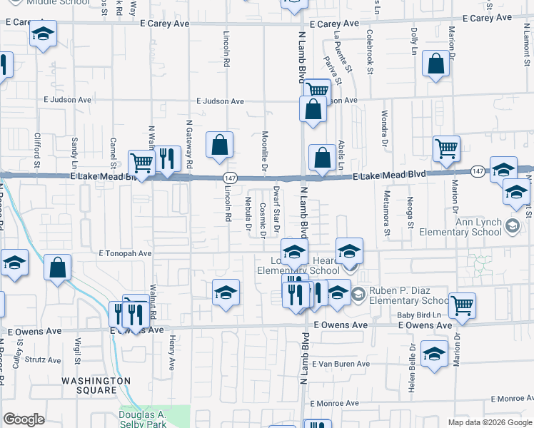 map of restaurants, bars, coffee shops, grocery stores, and more near 1914 Cosmic Drive in Las Vegas