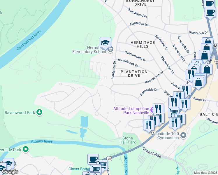 map of restaurants, bars, coffee shops, grocery stores, and more near 2040 Hickory Hill Lane in Nashville