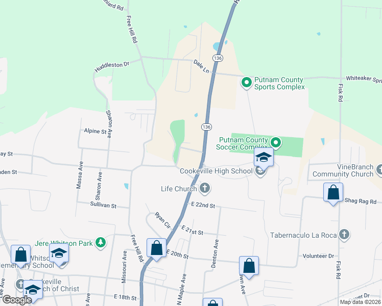 map of restaurants, bars, coffee shops, grocery stores, and more near 395 Mary Dodson Lane in Cookeville