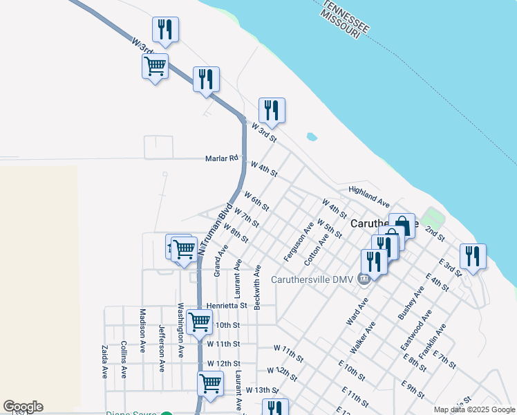 map of restaurants, bars, coffee shops, grocery stores, and more near 611 Grand Avenue in Caruthersville