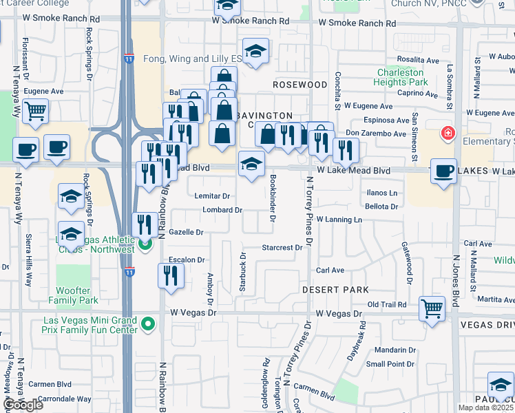 map of restaurants, bars, coffee shops, grocery stores, and more near 6508 Lombard Drive in Las Vegas