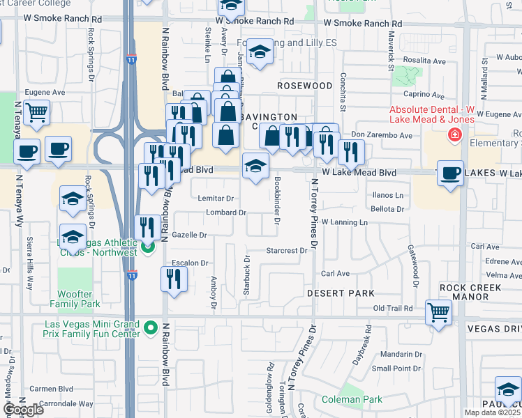 map of restaurants, bars, coffee shops, grocery stores, and more near 6508 Lombard Drive in Las Vegas
