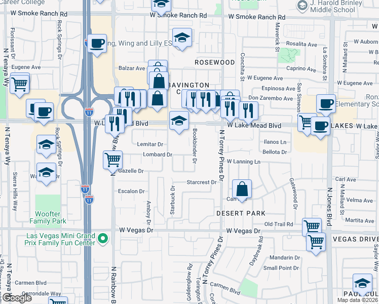 map of restaurants, bars, coffee shops, grocery stores, and more near 6492 Lombard Drive in Las Vegas