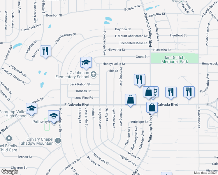map of restaurants, bars, coffee shops, grocery stores, and more near 1741 Galaxy Street in Pahrump