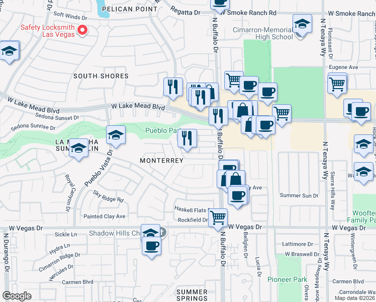 map of restaurants, bars, coffee shops, grocery stores, and more near 7724 Bauble Avenue in Las Vegas