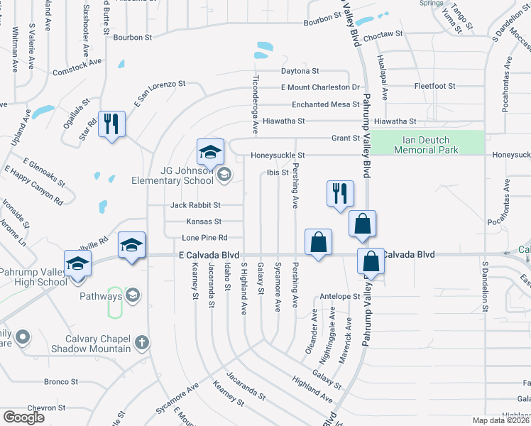 map of restaurants, bars, coffee shops, grocery stores, and more near 1741 Galaxy Street in Pahrump