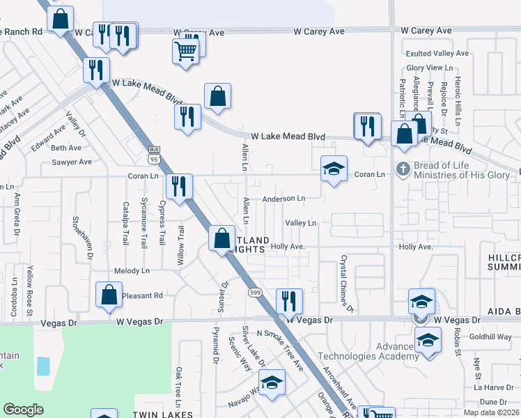 map of restaurants, bars, coffee shops, grocery stores, and more near 1932 Cindysue Street in Las Vegas