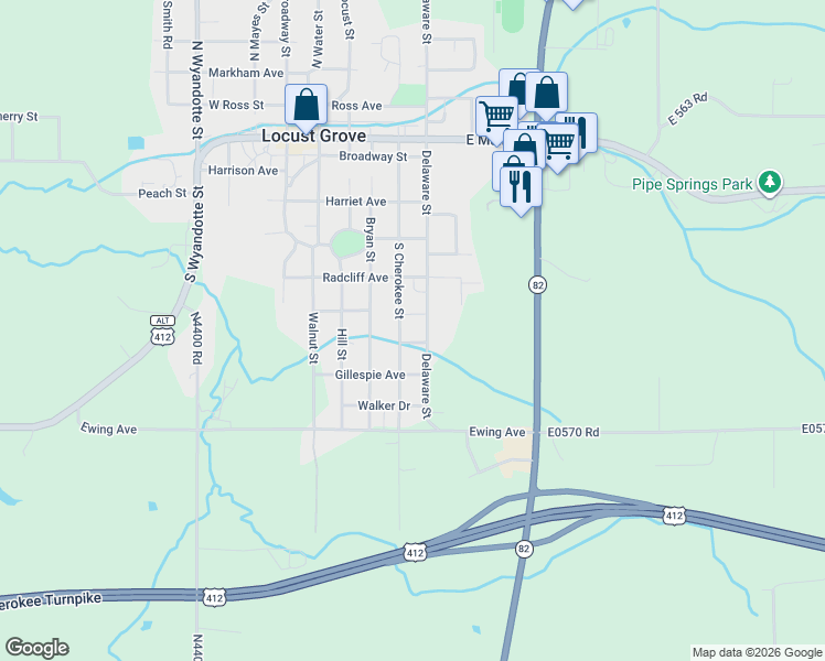 map of restaurants, bars, coffee shops, grocery stores, and more near 503 Gillespie Street in Locust Grove