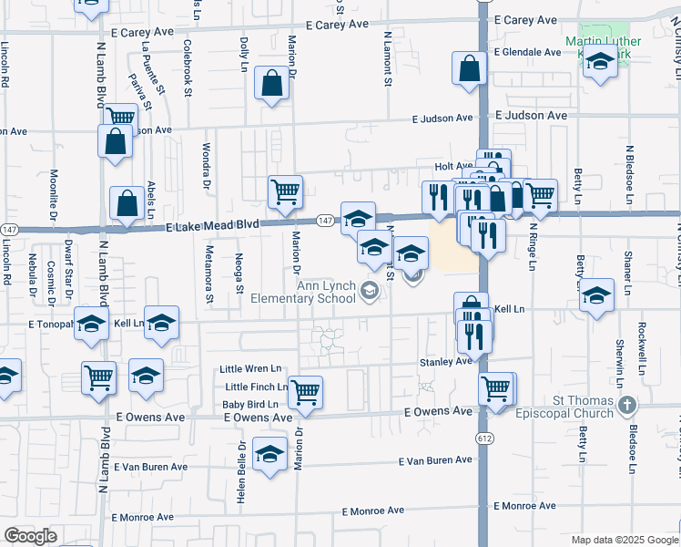 map of restaurants, bars, coffee shops, grocery stores, and more near 1896 Fulstone Way in Las Vegas