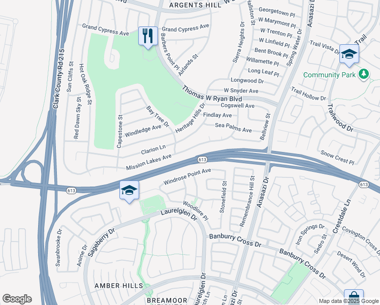 map of restaurants, bars, coffee shops, grocery stores, and more near 10617 Mission Lakes Avenue in Las Vegas