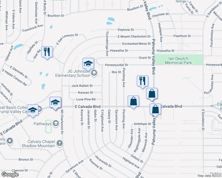 map of restaurants, bars, coffee shops, grocery stores, and more near 1771 Galaxy Street in Pahrump