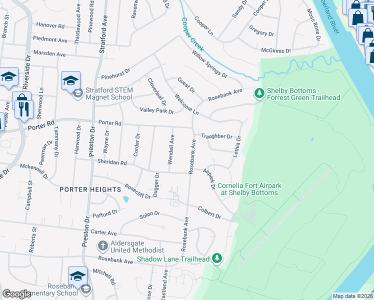 map of restaurants, bars, coffee shops, grocery stores, and more near 1508 Rosebank Avenue in Nashville