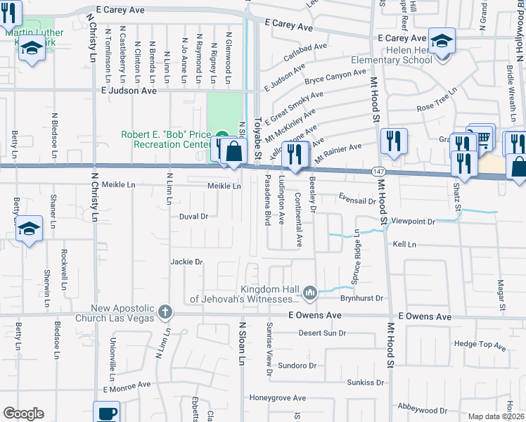 map of restaurants, bars, coffee shops, grocery stores, and more near 1921 Pasadena Boulevard in Las Vegas