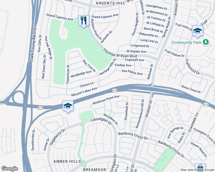 map of restaurants, bars, coffee shops, grocery stores, and more near 10617 Mission Lakes Avenue in Las Vegas