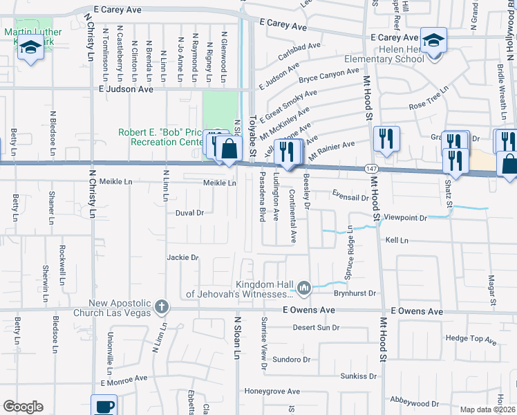 map of restaurants, bars, coffee shops, grocery stores, and more near 1921 Pasadena Boulevard in Las Vegas