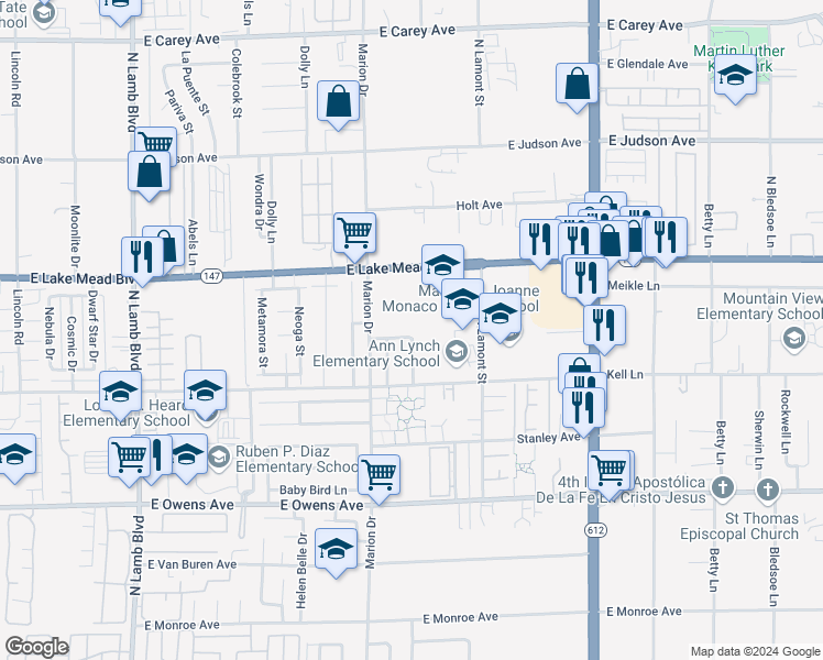 map of restaurants, bars, coffee shops, grocery stores, and more near 1883 Fulstone Way in Las Vegas