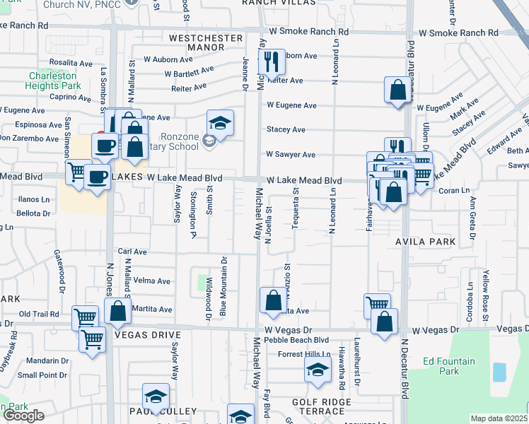 map of restaurants, bars, coffee shops, grocery stores, and more near 1895 Michael Way in Las Vegas