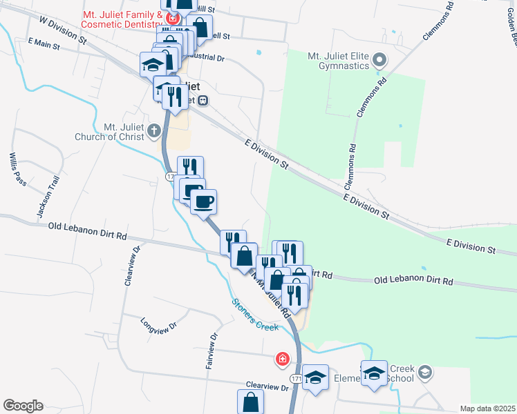 map of restaurants, bars, coffee shops, grocery stores, and more near 1058 Plaza Drive in Mt. Juliet