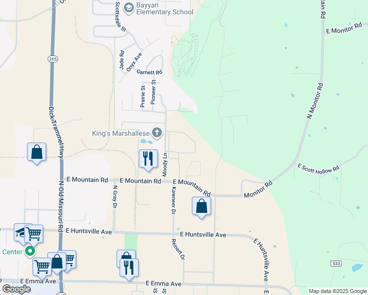 map of restaurants, bars, coffee shops, grocery stores, and more near 2302 Canyon Avenue in Springdale