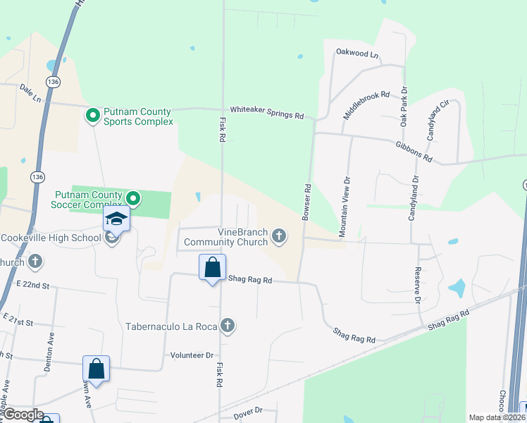 map of restaurants, bars, coffee shops, grocery stores, and more near 2425 Fisk Road in Cookeville