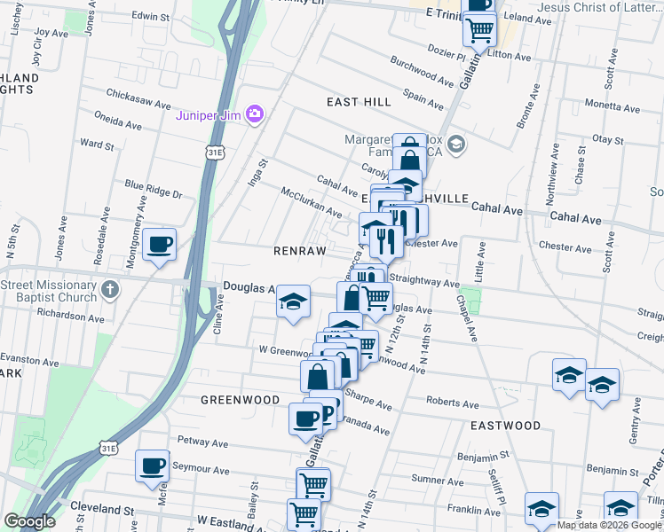 map of restaurants, bars, coffee shops, grocery stores, and more near 1003 Trevecca Avenue in Nashville