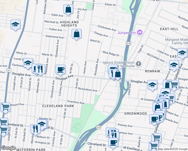 map of restaurants, bars, coffee shops, grocery stores, and more near 1216 North 8th Street in Nashville