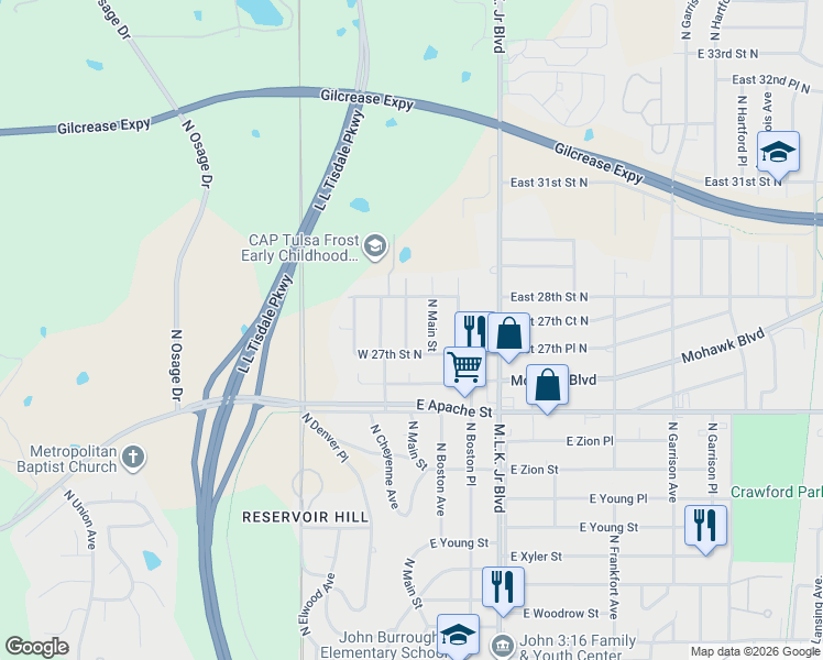 map of restaurants, bars, coffee shops, grocery stores, and more near 2719 North Boulder Avenue in Tulsa