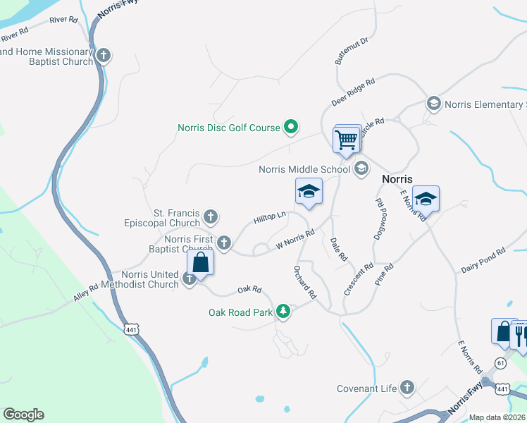 map of restaurants, bars, coffee shops, grocery stores, and more near 161 Hilltop Lane in Norris