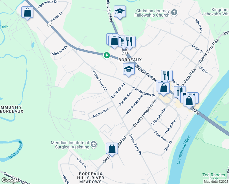 map of restaurants, bars, coffee shops, grocery stores, and more near 1807 Elizabeth Road in Nashville
