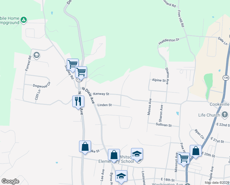 map of restaurants, bars, coffee shops, grocery stores, and more near 59 Kenway Street in Cookeville